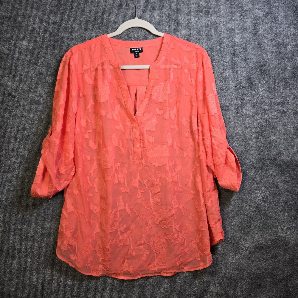 Torrid Top Womens 1X Coral Orange Floral Semi Sheer Harper Tunic Roll Tab
